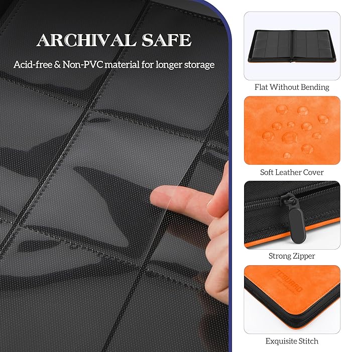 Trading Card Binder, 9 Side Loading Pocket Card Album Hold Up to 540 Cards, Zipper Binder for Cards Collection, TCG Card Holder for Game Card, Sports Card, Yugioh, MTG etc. (Orange 9)