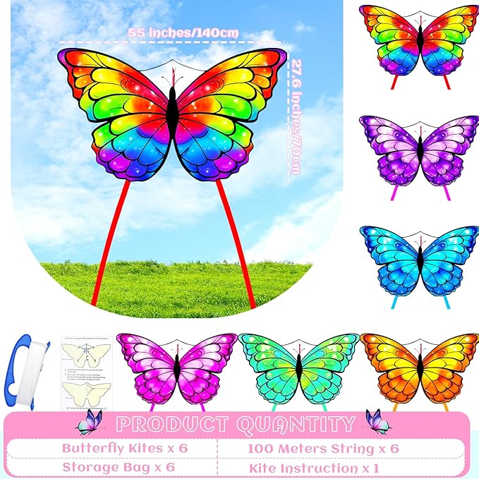 Silipull 6 Pcs Kites Butterfly Kite 55" x 28" Large Kites with 328ft String Colorful Beach Kite for Adults Beginner Outdoor Supplies