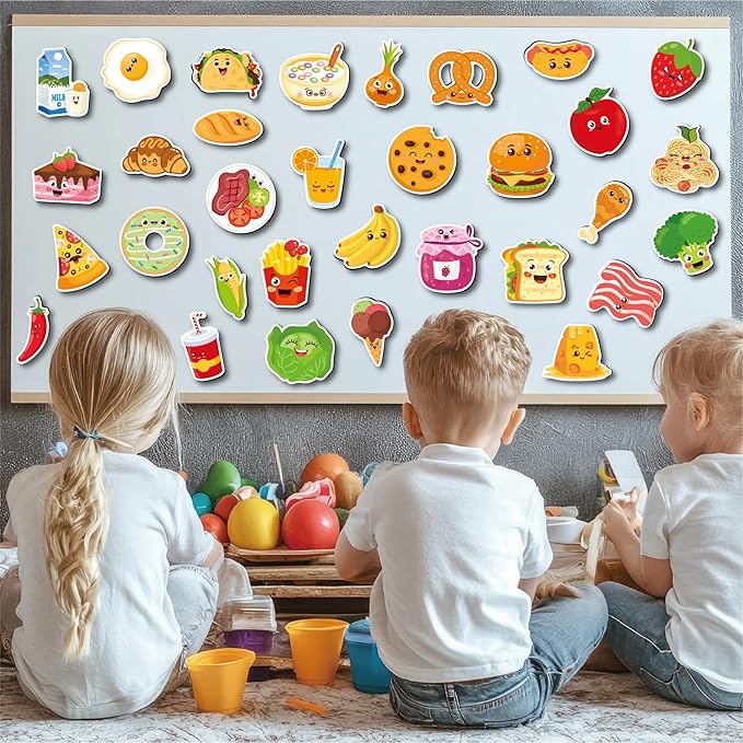 Large Size Cute Fridge Magnets for Toddlers, Preschool Spelling Learning Education Refrigerador Magnetic Toy (Foods 48pcs)