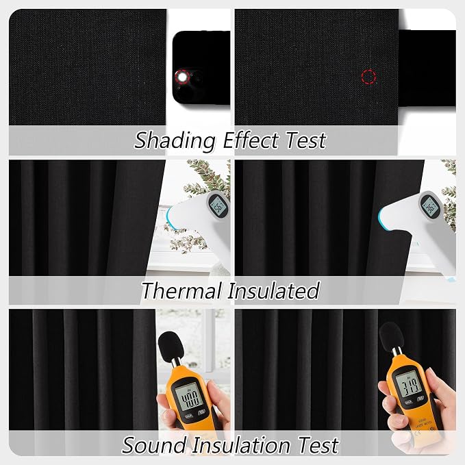 Guken Black 100% Blackout Linen Curtains 63 Inch Length 2 Panels Set for Living Room Bedroom Back Tab Thermal Insulated Black Out Drapes Room Darkening Farmhouse Window Curtains 52x63