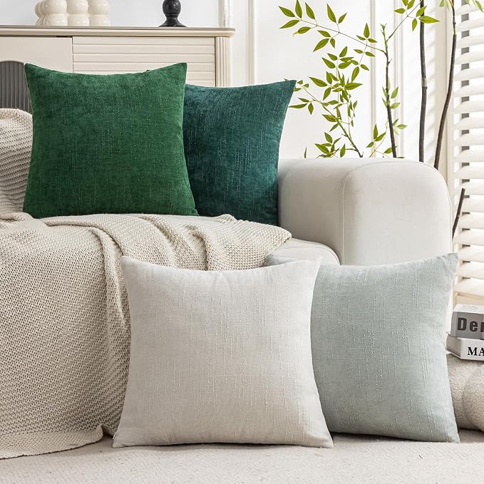 Set of 4 Soft Textured Decorative Throw Pillow Covers 16x16 Inch Cozy Farmhouse Cushion Cover Square Accent Pillow Cases for Bed Couch Sofa Living Room, White Aqua Green