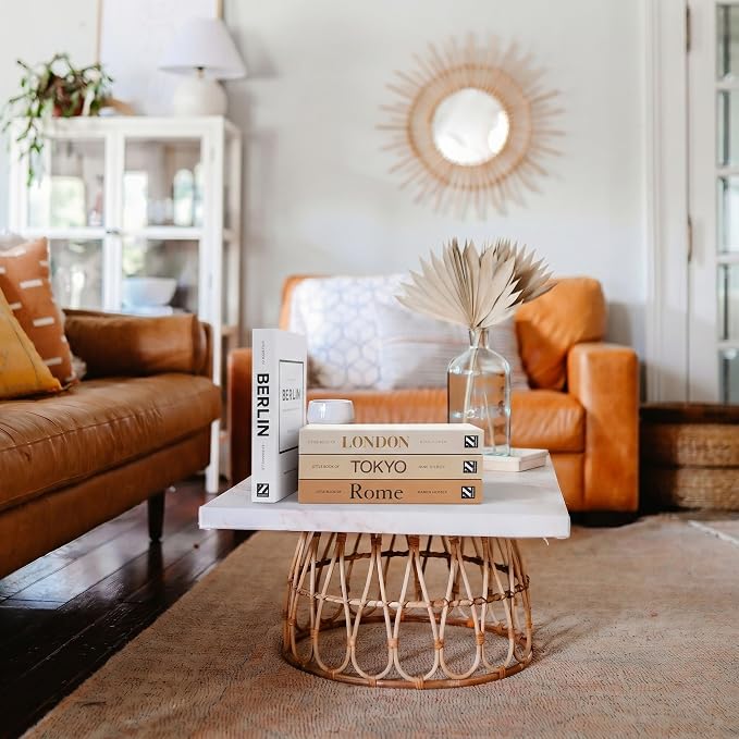 4 Pcs Decorative Books | Faux Mocha Coffee Table & Shelf Decor | Warm Modern Look for Living Room, Office and Entryway - Not Real, Tool-Free 2-Min Setup