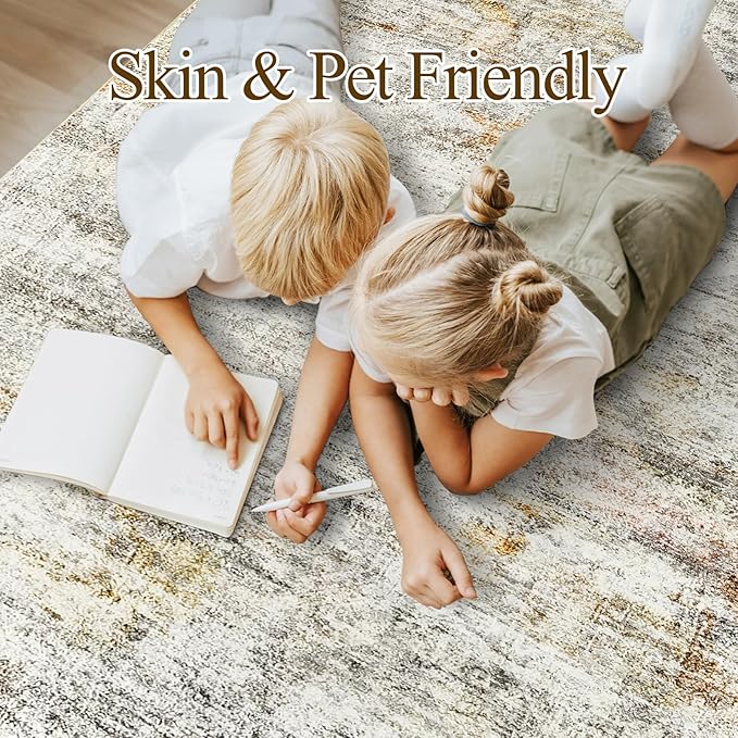 Soalmost Washable Area Rug 8x10 Large Soft Living Room Rugs Grey/Rust | Vintage Non-Slip Carpet for Dining Bedroom, Stain Resistant Low Pile Foldable Lightweight Floor Mat Under Table Home Decor