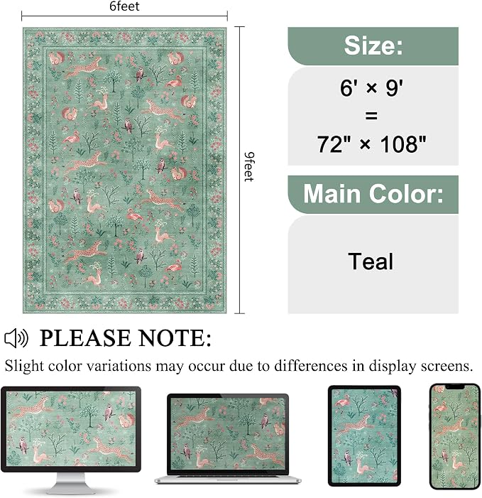 DUKINO 6x9 Area Rug, Washable Animal Living Room Rug Non Slip, Teal | Soft, Low Pile, Non-Shedding Indoor Large Carpet for Bedroom, Dining Room, Kids PlayRoom, Farmhouse, Pet Friendly, Home Decor