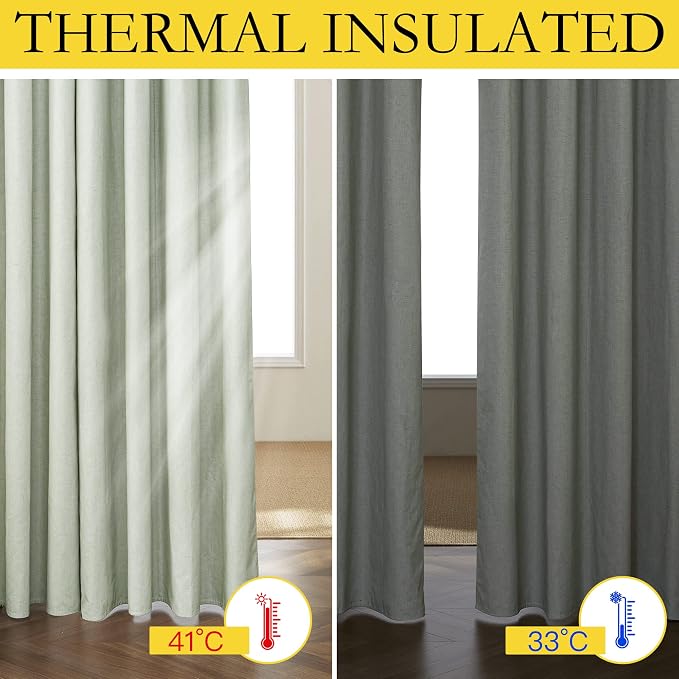 NICETOWN Light Green Blackout Linen Curtains 95" Long, Rod Pocket Back Tab Full Light Blocking Drapes with White Thermal Insulated Liner for Nursery, Hall, Villa (2 Pieces, 52" Wide Each Panel)