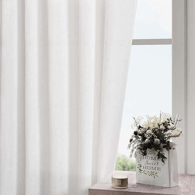 Nanspring White Extra Long Curtains 2 Panels Set 111 Inches Long for Dinning Room Back Tab Rod Pocket Light Filtering Semi Sheer Drapes Linen Textured Window Curtain for Bedroom 52x111