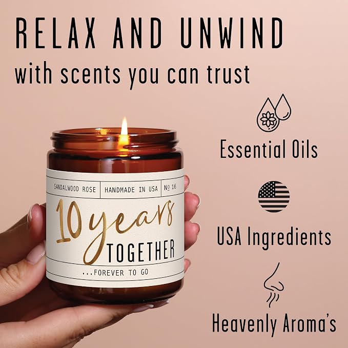 10 Year Gift for Anniversary for Wife - '10 Years Later' Soy Candle, w/Sandalwood Rose - Infused w/Essential Oils I 10th Anniversary Wedding Gift for Wife I 50Hr Burn I USA Made
