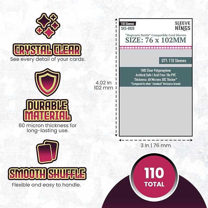 Sleeve Kings Standard Card Sleeves – 110 Count, Clear 60 Micron Thickness, Large Size (76 x 102 mm), Compatible with Hogwarts Battle & More – SKU: SKS-8828
