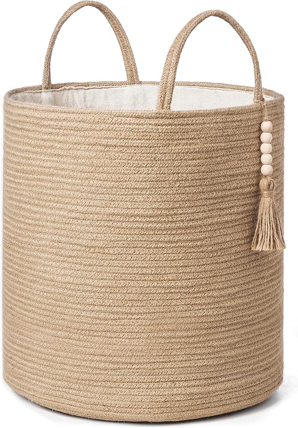 Mkono Woven Storage Basket for Blanket, Toys Plant Organizer, 15"W x 17.7"L | Brown, Jute, Decorative Basket with Handle, Wood Beads Tassel, Shoes Towel Clothes Storage Bin, Living Room Bedroom Nursery