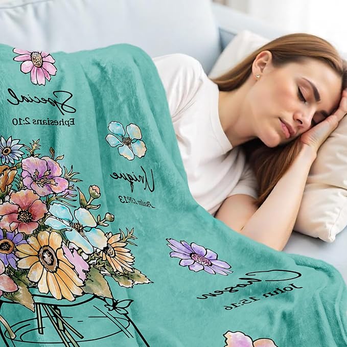 Christian Gifts for Women, Aqua Christian Blanket with Flowers 80''x 60'' | Birthday Gifts for Women, Spiritual Baptism Religious Gifts for Sister Mom Daughter Girls Wife, Soft Throw Blankets