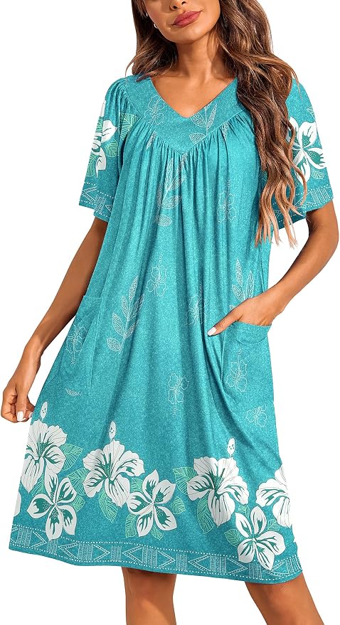 Ekouaer Womens House Dress Floral Print Nightgown with Pockets Mumu Dress