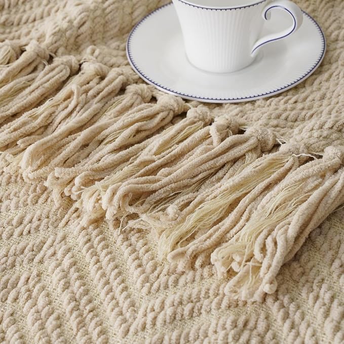 BATTILO HOME Beige Throw Blanket for Couch, Knitted Beige Throw for Bed, Neutral Throw Blankets Tan Throw Blanket for Room Decor Housewarming Gifts, 50" x 60" | Knitted Beige Blanket for Bed, Neutral Throw Blanket Warm Decorative Tan Throw Blankets for...