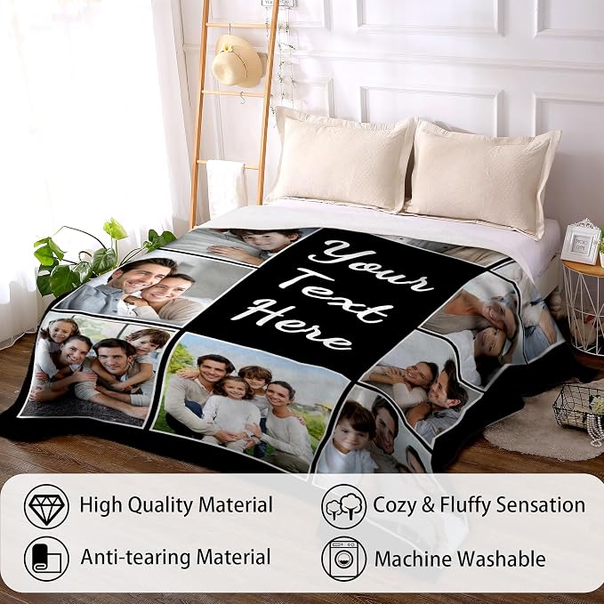 Funny DIY Custom Blanket with Picture Text Customized Blankets Customizable Photo Blanket Personalized Fathers Day Mothers Day Valentine's Birthday Gifts for Mom Dad Girlfriend Boyfriend Man Women