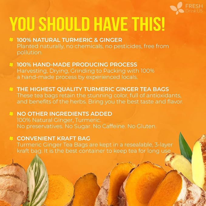 FreshDrinkUS, Premium 210 Ginger Turmeric Tea Bags, 100% Natural Ingredients, Hand-made Blend of Ginger and Turmeric Herbal Tea, Eco-conscious Tea Bags. No Sugar, No Caffeine, No Gluten, Vegan.