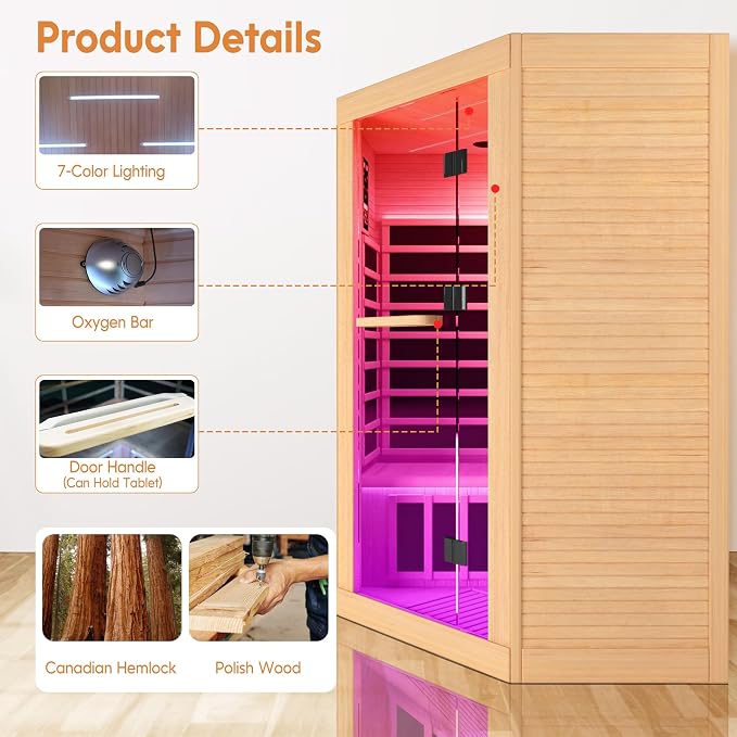 Sauna Room Far Infrared Saunas Home 1 to 3 Person Canadian Hemlock 2180W/110V Low-EMF Dry Spa Wood Sauna with Oxygen Bar/7 Color Therapy/9 Heating Plates/Control Panel/Speakers 47.2 * 47.2 * 74.8 In