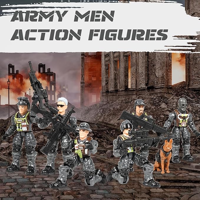 HAPTIME Army Men Action Figures with Weapons, Toy Soldiers for Boys, Plastic Army Toys for Boys 6-8, Birthday Gift for Military Collectors (6Pcs Gray)