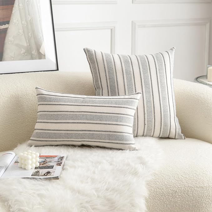 Cethom Decorative Boho Lumbar Throw Pillow Covers, Farmhouse Textured Pillow Case, 12 x 20 Inch Set of 2, Chair Sofa Bedroom Living Room Home Decor Couch Cushion Case, Grey and Beige