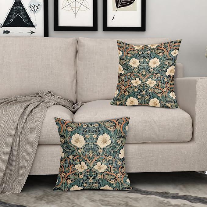 Vintage Floral Pillow Covers 18x18 Inch Orange Whtie Green Toile Flowers Pillow Cases Chinoiserie Aesthetic Tapestry Linen Cushion Case Farmhouse Home Decor for Sofa Couch Porch Outdoor Set 2