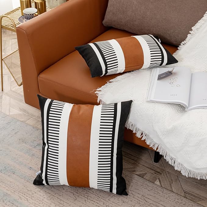 Farmhouse Throw Pillow Covers for Couch Sofa Decorative Faux Leather Square Cushion Cover Tribal Stripe Accent Pillow Case 20 x 20 Inch, Black