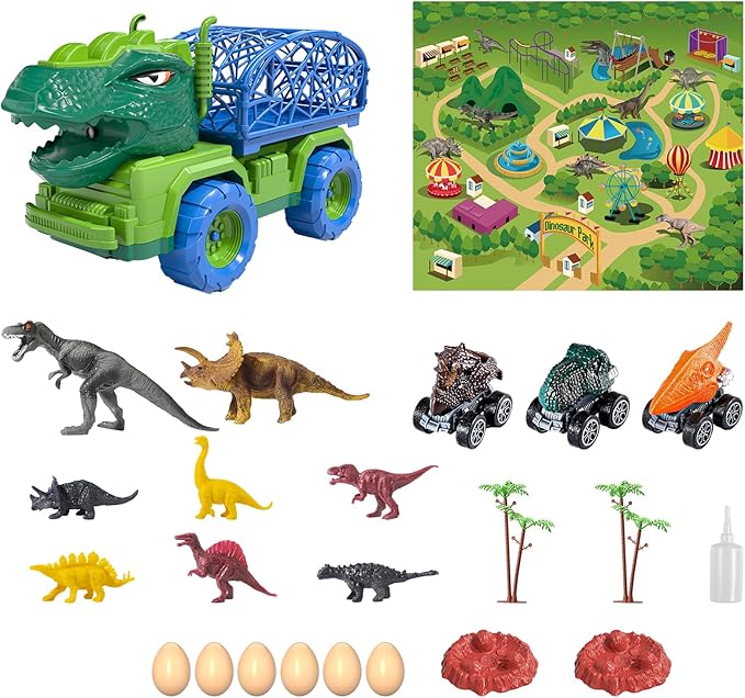 TEMI Dinosaur Truck Toys for Kids 3-5, Tyrannosaurus Transport Car Carrier Truck with Spray, 8 Dinosaur Figures, 3 Cars and 6 Eggs, Gifts for Boys and Girls 3 4 5 6 7