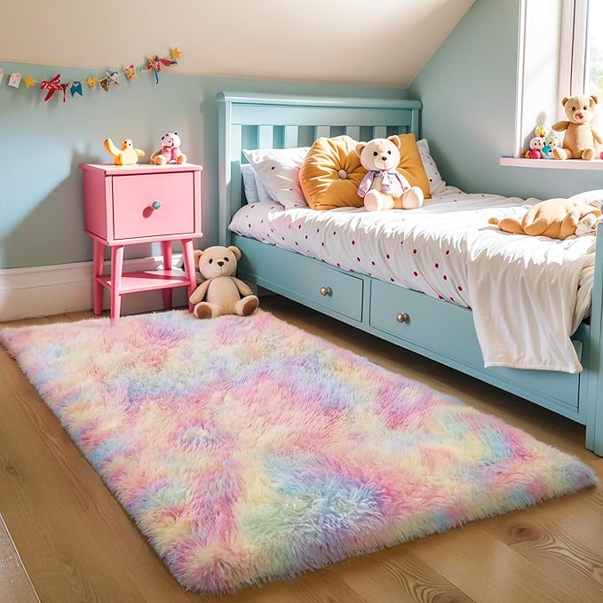 KICHOWUA 5x8 Thick Rainbow Unicorn Fluffy Shag Rug for Girls Bedroom | Area Rug for Living Room, Kids Nursery, Boys Dorm Room, Washable Non Slip Plush Shaggy Carpet