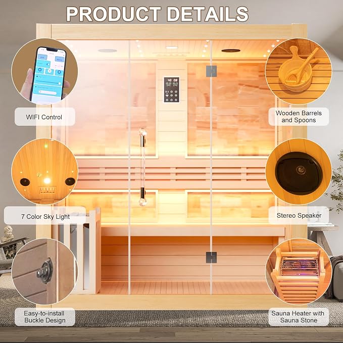 Smartmak Wood Home Steam Sauna, WiFi Control 4 Person Canadian Hemlock Traditional Luxurious Wooden Indoor Spa Room, with 4.5 kw Heater, Speaker, Rocks, Water Bucket, Spoon, Sky Lights
