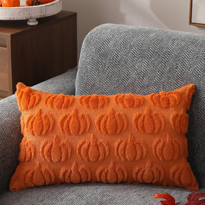 DFXSZ Fall Pillow Covers 12x20 2Pcs Orange Pumpkin Fall Decoration for Home | Fall decor Set of 2 Throw Pillow Cases Soft Plush Faux Fur Wool Couch Cushion for Chair Sofa Bedroom Living Room Home Decor