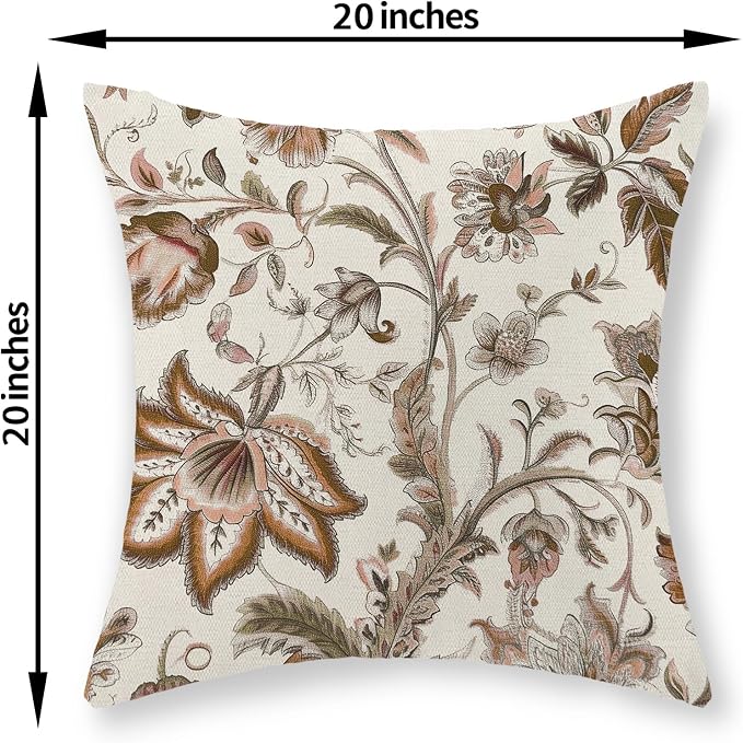 Brown Pillow Covers 20x20 Set of 2 Brown Chinoiserie Floral Throw Pillows Boho Vintage Flowers Decorative Pillow Cases Outdoor Chinoiserie Decor Farmhouse Linen Cushion Cover for Couch Sofa
