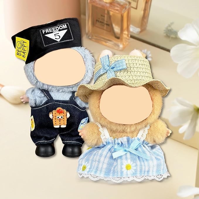 Doll Clothes for Labubu,Cute Outfit for 17cm Doll Clothe 2/3PCS Clothes and Hats Stylish Dolls Clothe for 17 cm Labubu,Casual Style Costumes for Labubu Dolls (Straw Captain Hat Set)