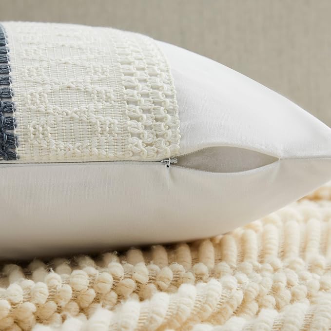 2pk Boho Pillow Covers 24x24, Natural White/Contrast/Navy | 100% Organic Cotton Body, Stripe Embroidery, Farmhouse Decorative Cushion Covers for Sofa Bed Living Room Home Decor