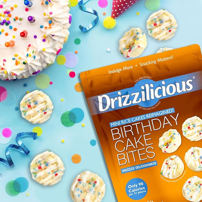 Drizzilicious Mini Flavored Rice Cakes Birthday Cake - Rice Crisps, Healthy Snack for Adults and Kids, Vegan, Gluten Free Snack, Allergen Free, Only 90 Calories Per 21 Pieces - 4 oz (Pack of 1)