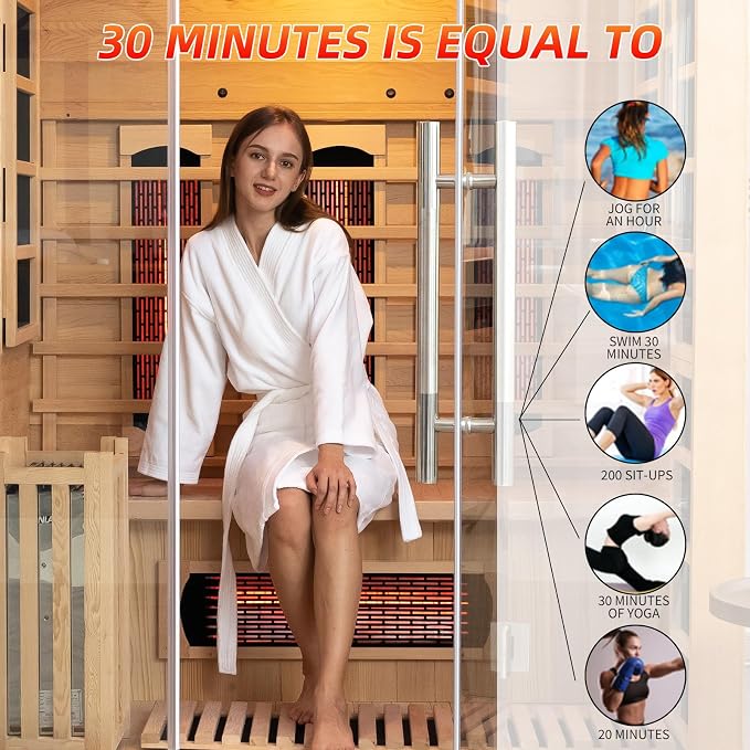 Infrared & Steam Dual-System Sauna Room, 3-4 Person Canadian Hemlock Wood Sauna, Indoor Traditional Home Saunas Spa with 10 Heaters & 4.5KW Sauna Stove, Oxygen Bar, 70.87"x47.28"x74.86"