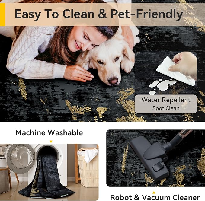 RELEANY Washable Area Rugs 4ft Non-Slip Modern Abstract Soft for Living Room Entryway Bedroom Kitchen, Print Pattern, Dark Black Gold