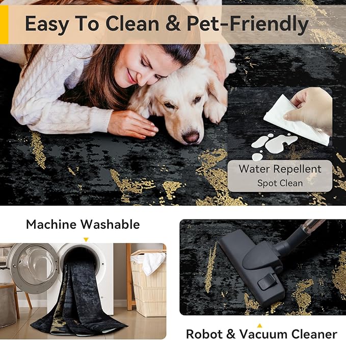RELEANY Washable 6'x9' Abstract Area Rug for Living Room Black Gold | carpet for bedroom, kitchen, office, hallway and entryway, printed pattern, non-slip, soft, stain-resistant, easy to clean