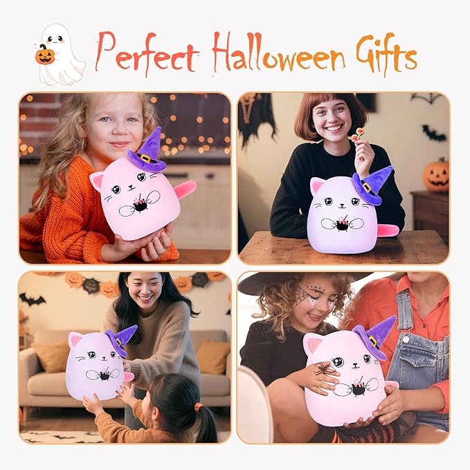 Halloween Plush Cat Stuffed Animal – Pink Cat Plush Halloween Decoration Costume Companion Cute Witch Accessory Kids Family Party Favors 10 Inch