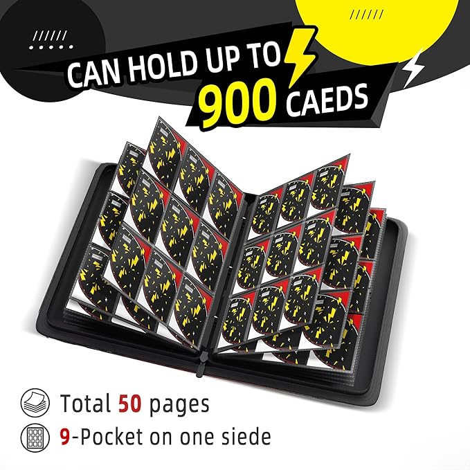 Trading Card Binder 9 Pocket,900 Pocket Card Collection Binder with 50 Removable Sleeves,PU Waterproof Top Card Book,3-Ring Zipper Collectible Trading Card Album for MTG/TCG/Card Holder Gift（Black）