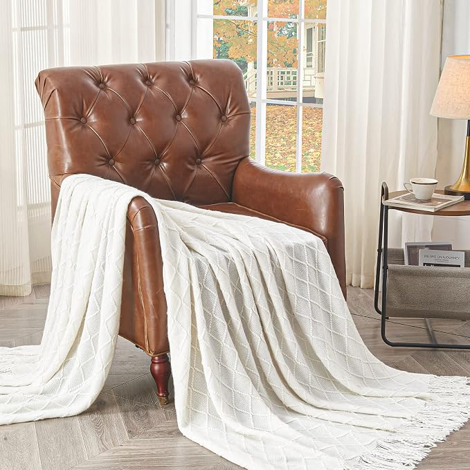 inhand Off White Knitted Throw Blanket for Couch and Bed, 50"x60" | Soft Living Room Home Decor Knitted Blanket with Tassel, Outdoor Lightweight Breathable, Farmhouse Warm Woven Decorative