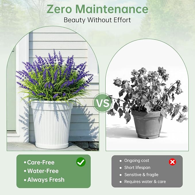 Gipsot 15 Bundles UV Resistant No-Fade Outdoor Artificial Plants & Flowers, Adjustable Height Fake Lavender Flowers Indoor & Outdoor Decor for Garden Patio Pathway Hanging Planter Front Porch