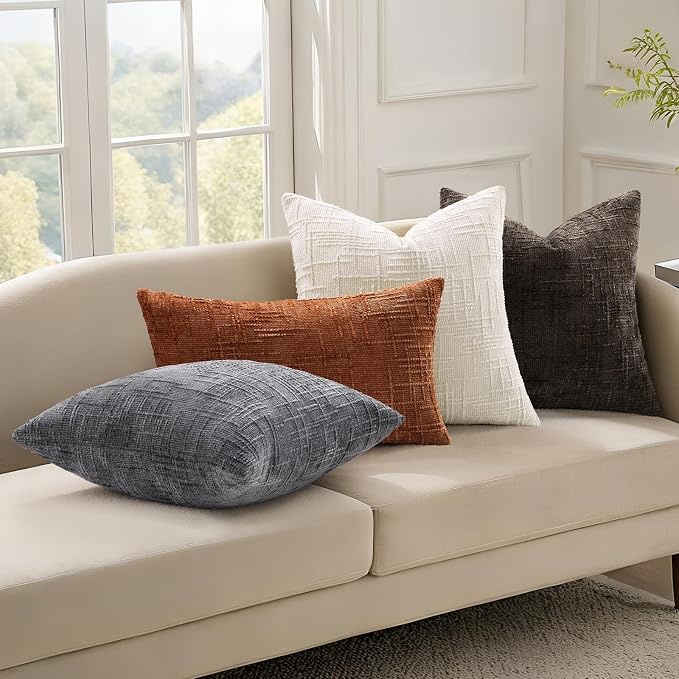 decorUhome Textured Chenille Throw Pillow Covers 12x20 Set of 2 Cream White | Fall Modern Farmhouse Soft Cozy Slubby Couch Pillow Cases Boho Decorative Pillow Cases for Bed Sofa Living Room Home Decor
