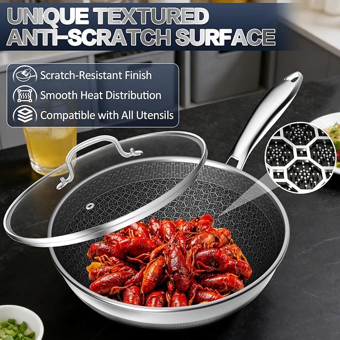 Woks & Stir-fry Pans Nonstick - Hybrid 304 Stainless Steel Wok 10.8" Non Stick Wok Pan with Lid for Induction, Electric, Gas, All Stoves, PFOA Free Cookware, Dishwasher and Oven Safe