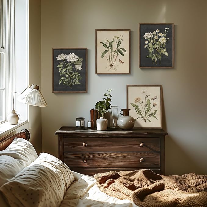 Framed Vintage Botanical Floral Wall Art for Bedroom, 4 Piece 11x14 In | Farmhouse wall decor, Flower pictures, Rustic retro paintings, Ready to hang canvas prints, Kitchen bedroom living room decor