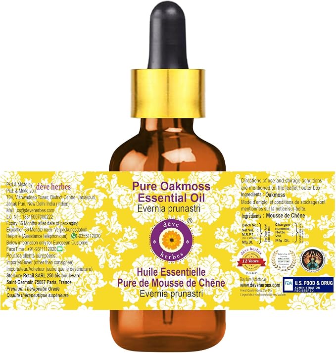 Deve Herbes Pure Oakmoss Essential Oil (Evernia prunastri) with Glass Dropper Steam Distilled 15ml (0.50 oz)