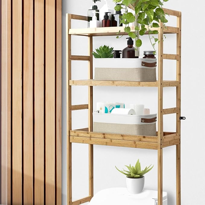DECOMOMO Narrow Storage Bins, Small Storage Baskets for Shelves 4 Pack | Baskets for Organizing Bathroom, Toilet Tank, Gifts (Beige & White)
