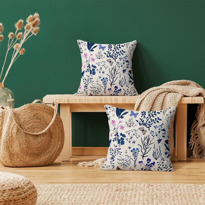 AEIOAE Summer Pillow Covers 20x20 Inch Set of 2,Navy Blue Wild Flower Plant Throw Pillows Case,Seasonal Floral Outdoor Decorative Square Linen Farmhouse Decor Cushion Covers for Home Sofa Bed Couch