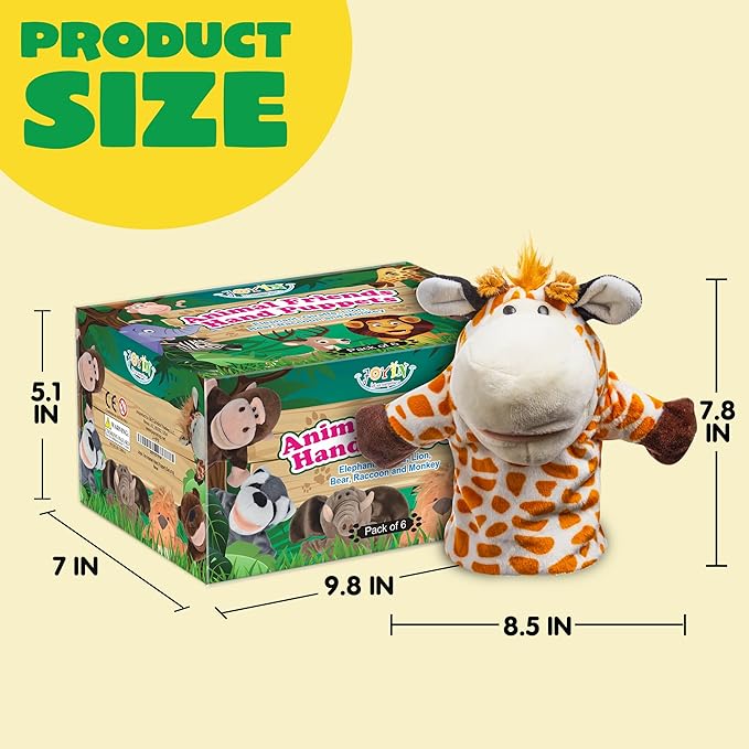 JOYIN 6Pcs Kids Hand Puppet Set with Working Mouth, Toddler Animal Plush Toy Includes Elephant, Giraffe, Lion, Bear, Raccoon and Monkey for Show Theater, Christmas Birthday Gifts for Kid