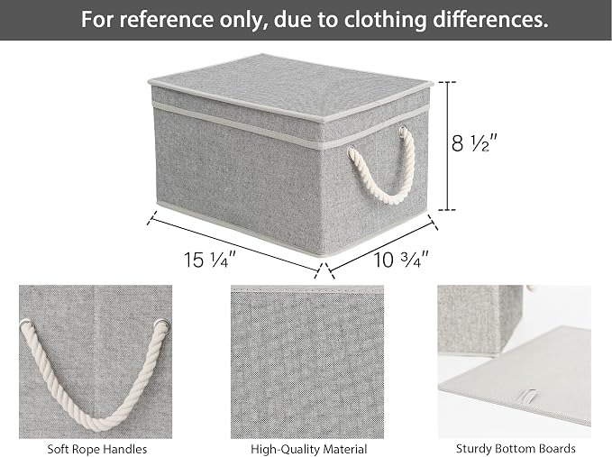 StorageWorks Storage Bins with Lids, Decorative Storage Boxes with Lid and Soft Rope Handles, Foldable Storage Baskets for Closet, Shelves, Stackable, 3-Pack, Gray, Large