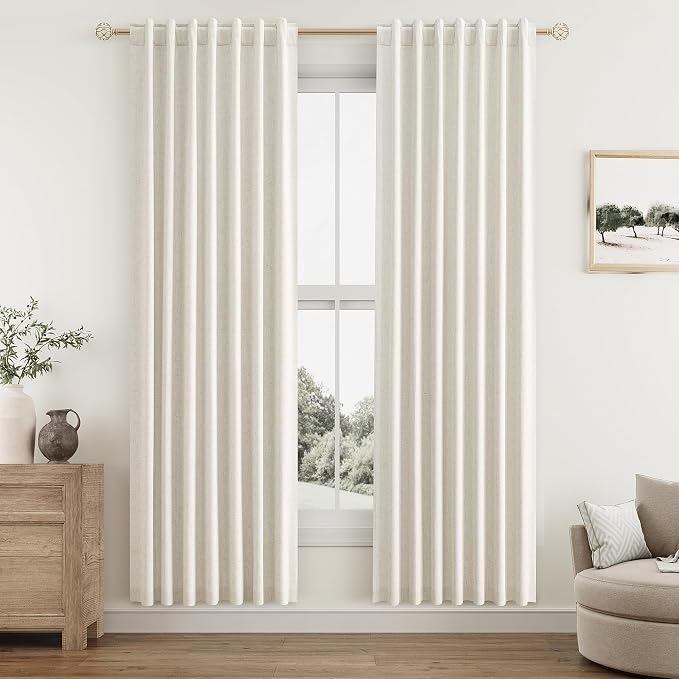 Guken 100% Blackout Linen Curtains for Bedroom 80 Inches Long Natural Cream Black Out Curtain Back Tab Thermal Insulated Room Darkening Window Drapes for Living Room 2 Panels Beige Ivory 38x80
