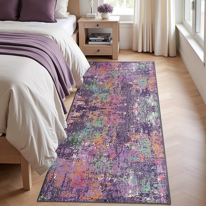 RELEANY Washable Runner 2'x8' Abstract Area Rug for Hallway Purple Multi | carpet for kitchen, entryway, bathroom, living room, bedroom, printed pattern, non-slip, soft, stain-resistant, easy to clean