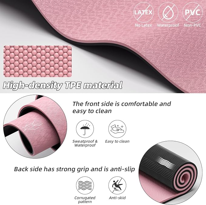 Large Exercise Mat | 10mm Thick TPE Non-slip Gym Mats, Carrying Strap