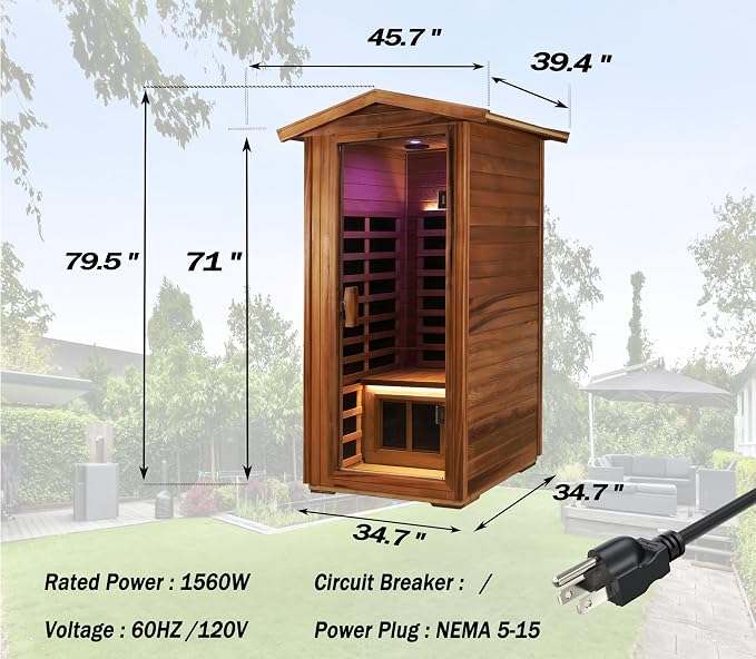 LTCCDSS Ultra-Low EMF Red Cedar Sauna 1-Person, Outdoor Far Infrared Sauna for Home, EMF 0.1-1mG, 6 Carbon Crystal Heaters, Bluetooth & Chromotherapy (45.7 * 39.4 * 79.5 in)